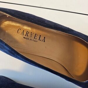 Carvela blue velvet womens loafers gold embroidered toe italy classy old money